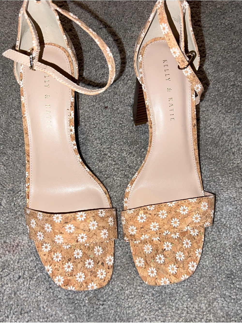 Kelly & Katie Tan Floral Ankle Strap Block Heel Sandals